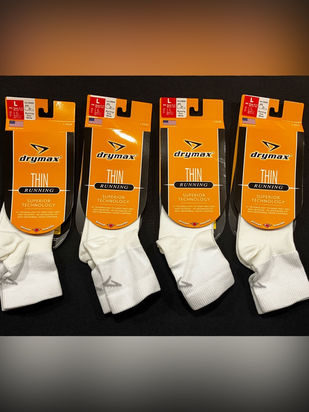 Drymax THIN Running, 1/4 Crew Sock, White, Large / BRAND NEW (4 pairs)